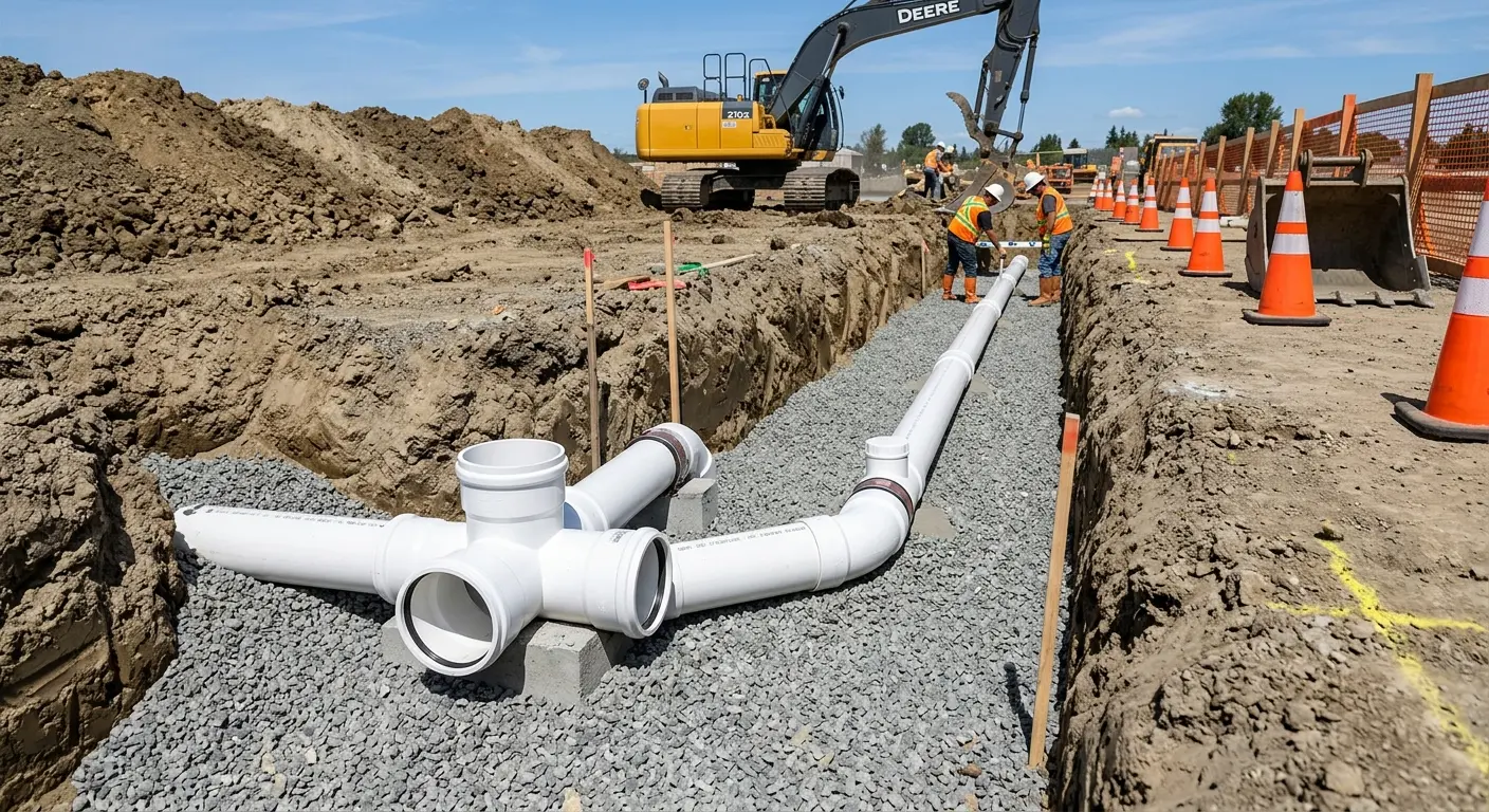 New PVC sewer pipe installation in open trench for Grease Trap Cleaning in Elkhart