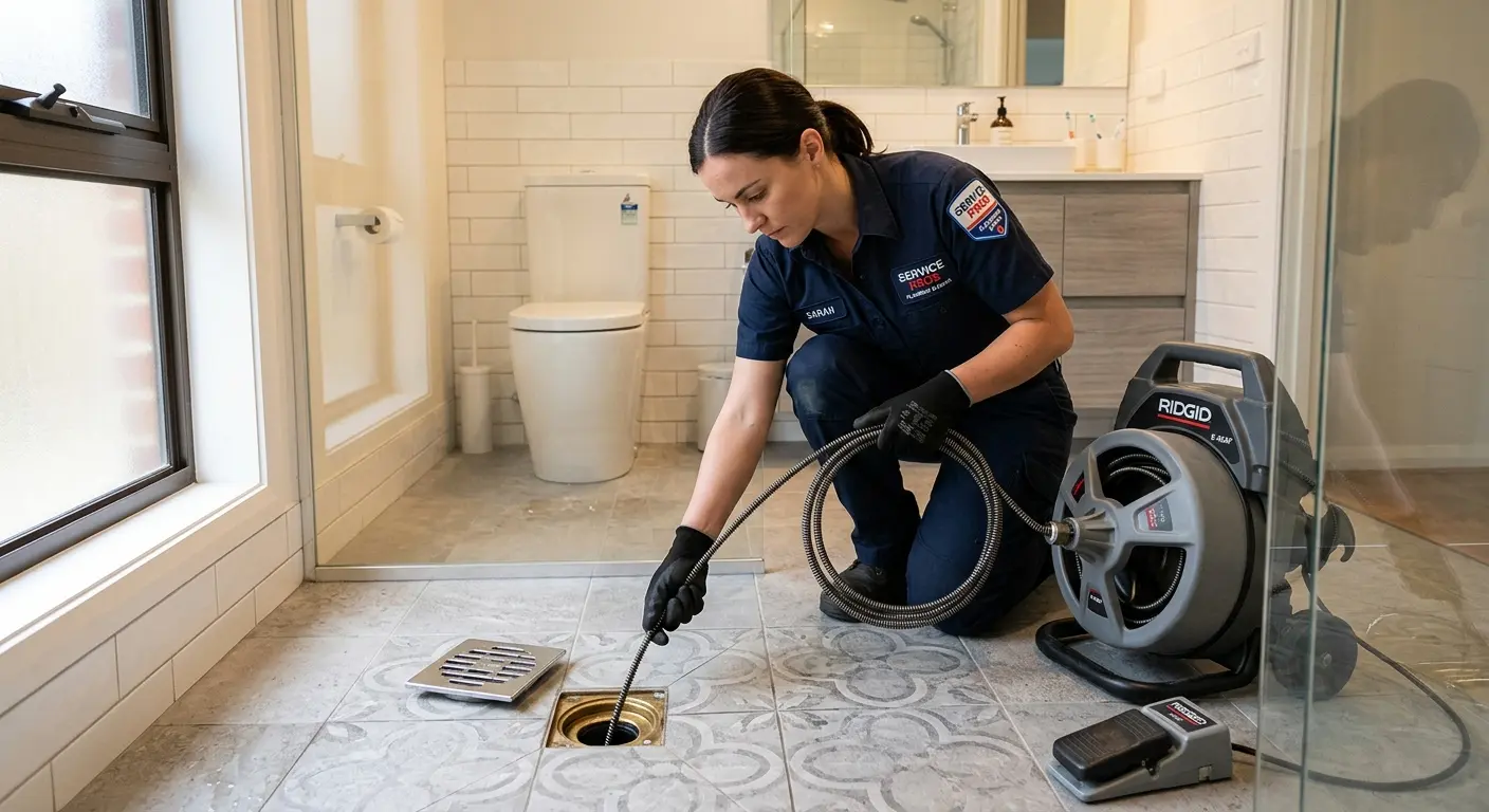 Technician clearing a bathroom floor drain for Clogged Drain Repair in Elkhart